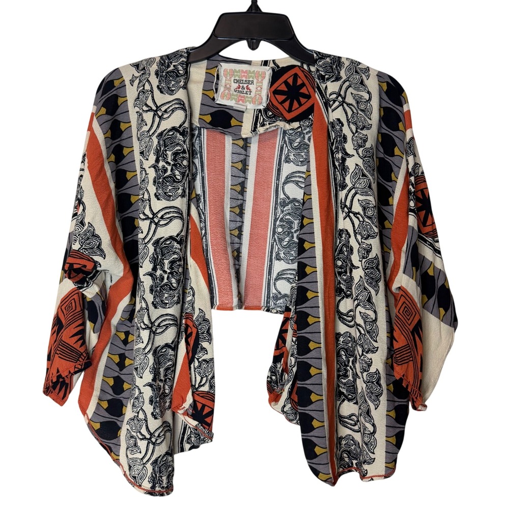 Chelsea & Violet Kimono Women Medium Orange Print Cropped Open Front Boho Indie